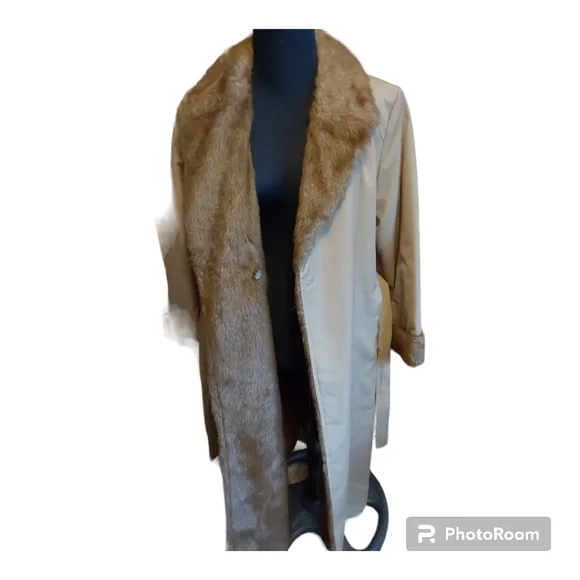 London Towne trench coat tan w brown faux fur belted vintage 12Reg womens - Picture 9 of 11